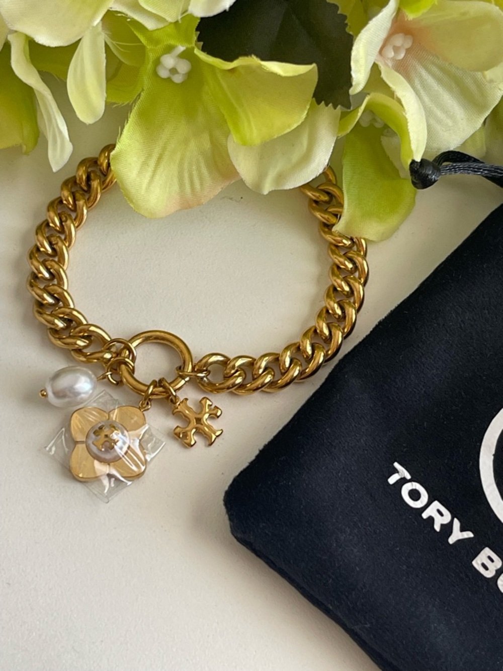 Tory Burch Gold-Tone Chain Bracelet with Pearl & Flower Charms